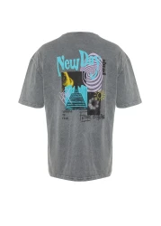  Collection Anthracite Crew Neck Oversize Printed T-Shirt - Short Sleeve, Acid Washed Tmnss22Ts0838