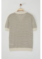  Collection Limited Edition Beige - Khaki Striped Relaxed Short Sleeve Polo Neck Knitwear T-Shirt Tmnss23Po00026