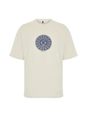  Collection Beige Back Printed Wide Cut Cotton T-Shirt - Tmnss22Ts1632