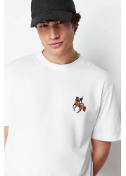  Collection Ecru Animal Embroidery Oversize Cotton T-Shirt - Short Sleeve Tmnss24Ts00089