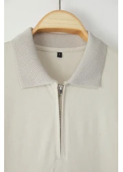  Collection Stone Regular/Normal Cut Zippered 100% Cotton Polo Neck T-Shirt