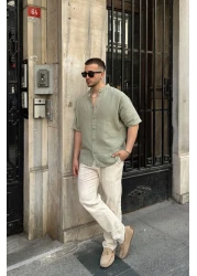 Livio Ferri قميص Mingan رجالي صيفي من القطن بياقة واسعة وأكمام قصيرة وأزرار مريحة