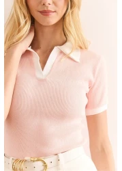 Olalook Women's Salmon White Polo Neck Color Detailed Stretchy Cotton Blouse Blz-19002920