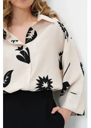 Trend Alaçatı Stili Women's Black-Beige Double Cuffed Leaf Patterned Woven Shirt Alc-X13785
