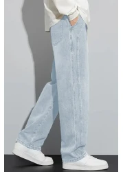 THE RULE الرجال الضوء الأزرق فضفاض الخصر مطاطا ليكرا مستقيم الساق فضفاضة تناسب بسط جان الدينيم الجينز السراويل Rf0484