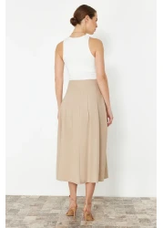  Collection Beige Midi Skirt - Pleat Detailed and Buttoned Front, Woven TWOSS24ET00169