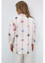 Trend Alaçatı Stili Women's Beige-Lilac Princess Floral Print Flamed Linen Woven Shirt Alc-X10398