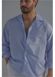 OUTFİT MAN قميص رجالي مخطط باللون الأزرق الفاتح