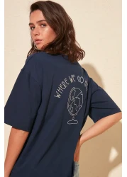  Collection Navy Blue 100% Cotton Back Embroidered Relaxed/Wide Relaxed Cut Crew Neck Knitted T-Shirt TWOSS20TS0121