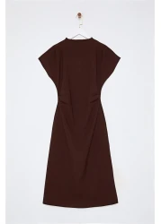  Collection A-Line Midi Dress - Brown, Degaje Collar, Crepe Woven Twoaw25El00393
