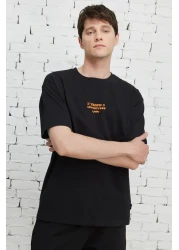 AC&Co / Altınyıldız Classics تي شيرت رجالي أسود بقصة ضيقة وياقة دائرية مصنوع من القطن بنسبة 100%