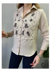 jöns since 1997 Women's Front Guipure Vest Design Stone Linen Shirt