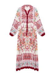  Modest Viscose Woven Burgundy Floral Patterned Dress - TCTSS24EB00221