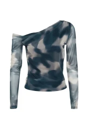  Collection Petrol Abstract Pattern Tulle Lined Asymmetric Collar Knitted Blouse Twoaw24Bz00051