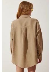 Happiness İstanbul Women's Beige Oversize Muslin Shirt with Pockets MX00150