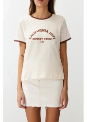  Collection Stone 100% Cotton Slogan Printed Knitted T-Shirt with Contrast Piping Detail TWOSS24TS00105