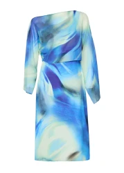  Collection فستان طويل شيفون أزرق - نمط تجريدي، تفاصيل كيب، مبطن - TWOSS25EL00014