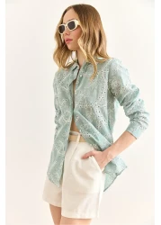 Olalook Women's Green Geometric Scallop Detailed Shirt Gml-19001324