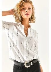 Olalook قميص نسائي من الكتان بتفاصيل خياطة بيضاء GML-19001144