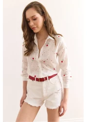 Olalook قميص نسائي من القطن باللون الأبيض والأحمر مزين بالزهور GML-19001326