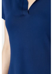  Collection Navy Blue Polo Neck Skater/Waist Opened Cotton Stretchy Knitted Midi Dress TWOSS24EL00480