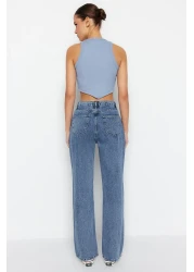  Collection Dark Blue Waist Detailed High Waist Wide Leg Jeans TWOSS21JE0385