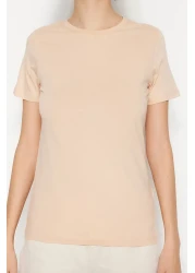  Collection تي شيرت محبوك أساسي برقبة دائرية مكون من قطعتين من القطن بنسبة 100% باللون البني والبيج TWOSS20TS0141