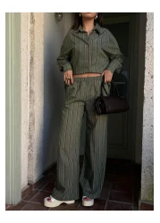 minaaise Women's Green Striped Wide Cut Viscose Fabric Shirt and Pants Bottom/Top Suit 29046