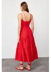  Collection تنورة حمراء مفتوحة الخصر من مزيج القطن فستان ماكسي منسوج TWOSS24EL00386