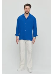 Gray Clothing قميص رجالي صيفي فضفاض من الكتان النيلي Ayrobin فضفاض مناسب للصيف