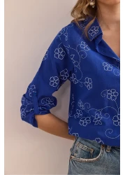 Olalook Women's Ivy Saks Blue Sleeve Fold Linen Shirt Gml- 19000825