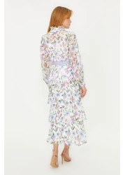  Modest فستان منسوج من الشيفون مبطن بحزام أزرق TCTSS24EB00024