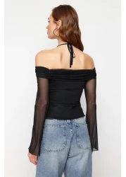  Collection Black Flare Sleeves Lacing Detail Knitted Madonna Neck Blouse Twoss24Bz00046