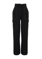  Collection بنطلون أسود منسوج واسع الساق مع تفاصيل خياطة متباينة TWOSS21PL0288