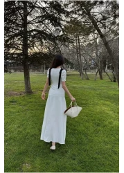 Afiş Butik White Deep V-Neck Off the Shoulder Bow Detail Lined Long Dress