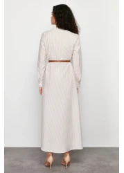  Modest Beige Striped Belt Detailed Woven Dress TCTSS24EB00171