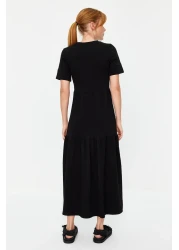  Collection Black Gathered Short Sleeve Knitted Maxi Dress TWOSS24EL00132