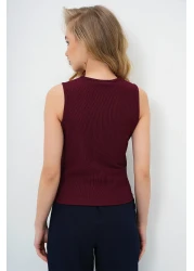 Trend Alaçatı Stili Women's Burgundy Deep V Neck Metal Accessory Sleeveless Ottoban Blouse Alc-X13784