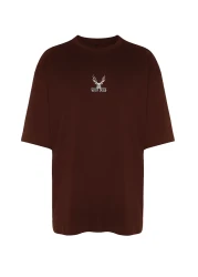  Collection Oversize Dark Brown Deer Embroidered Cotton T-Shirt - TMNSS24TS00055