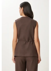 Happiness İstanbul Women's Brown Tie Detailed Linen Vest Trousers Suit No00026