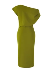  Collection Oil Green Midi Knitted Dress with Draped Detail