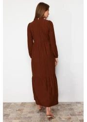  Modest Brown Stand Collar Crinkle Wide Fit Woven Dress TCTSS22EB00171