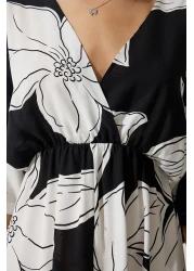 Happiness İstanbul Women's Black and White Wraped Collar Patterned Summer Viscose Dress DK00166