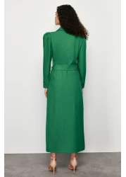  Modest فستان قميص منسوج من الكتان بحزام كاكي TCTSS24EB00017