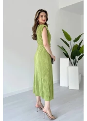 MODAMİNEM فستان نسائي بطيات باللون الأخضر الفستقي مع تفاصيل أربطة