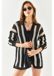 Olalook Women's Black Stone Striped Oversize Cotton Knitwear Shirt GML-19001128