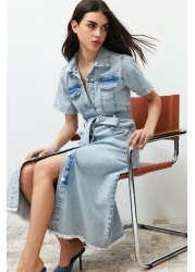  Collection Blue Hemline Tassel Belt Maxi Denim Dress Twoss24El00377