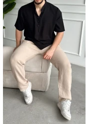 Livio Ferri Soro Men's Oversize Linen Look Short Sleeve Court Collar Half Placket Shirt