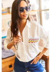 Olalook Women's Ecru Pocket Embroidery Detailed Casual Woven Linen Shirt GML-19001009