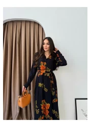 Att Style Full Length Black Floor Orange Rose Pattern Dress